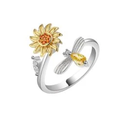 Bague Ajustable Tournesol Petit Abeille En Argent Sterling 925