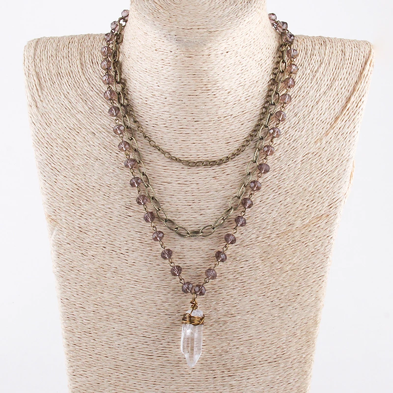 Collier Bohème 3 Couches Avec Pendentif Verre Cristal 1 Collier Bohème 3 Couches Avec Pendentif Verre Cristal